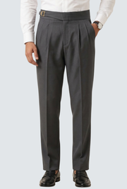 Men's dark grey tailored trousers with pleated front and belt loops