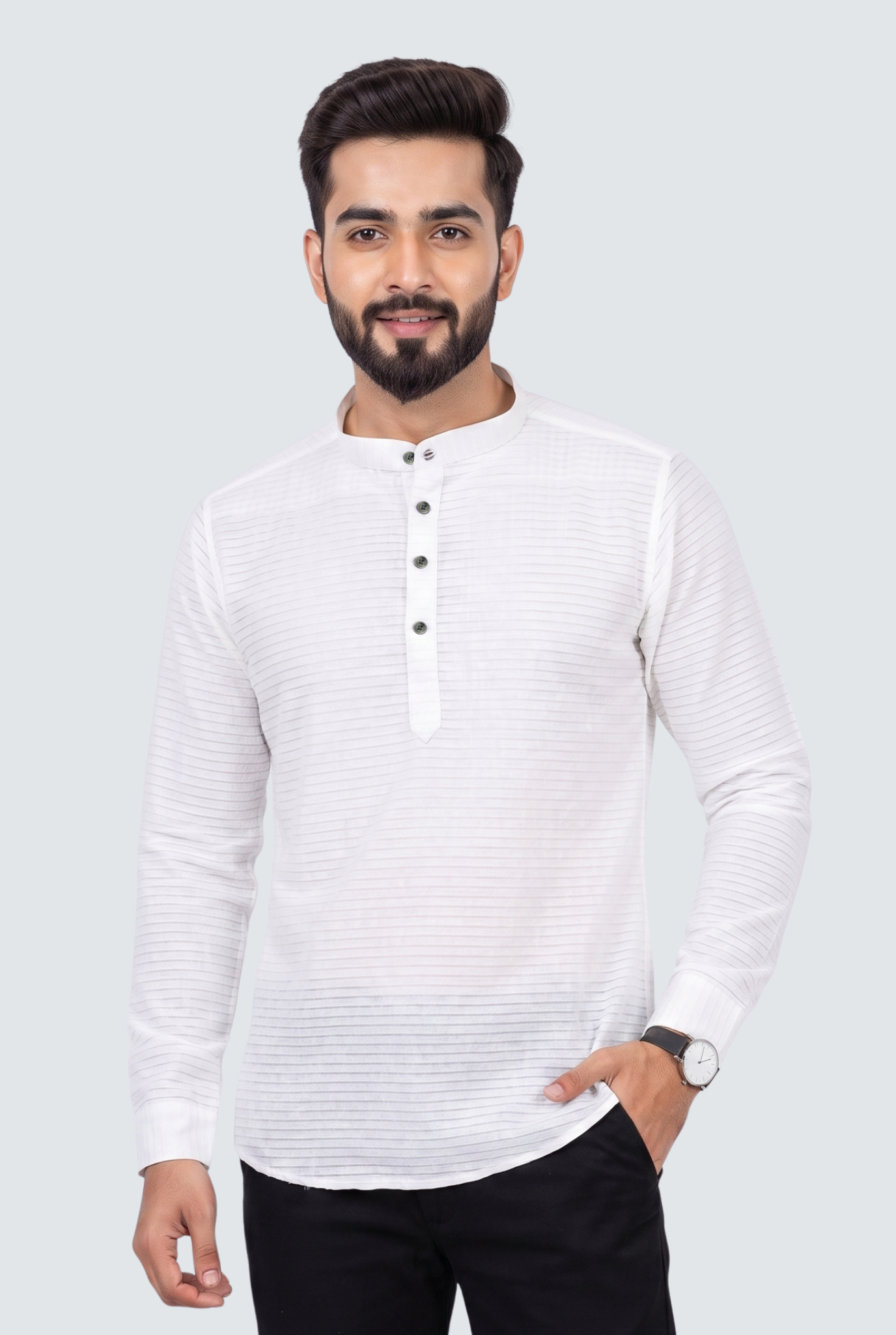 Men's white short kurta with mandarin collar and button placket, long sleeves