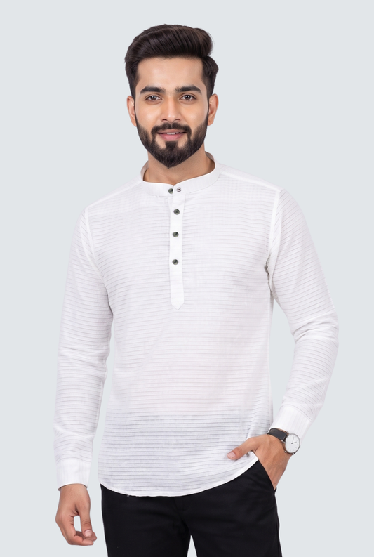 Men's white short kurta with mandarin collar and button placket, long sleeves