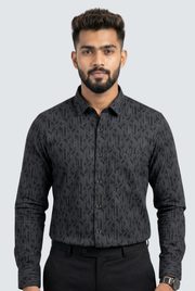 Black dobby cotton shirt with geometric pattern, button-front and pointed collar