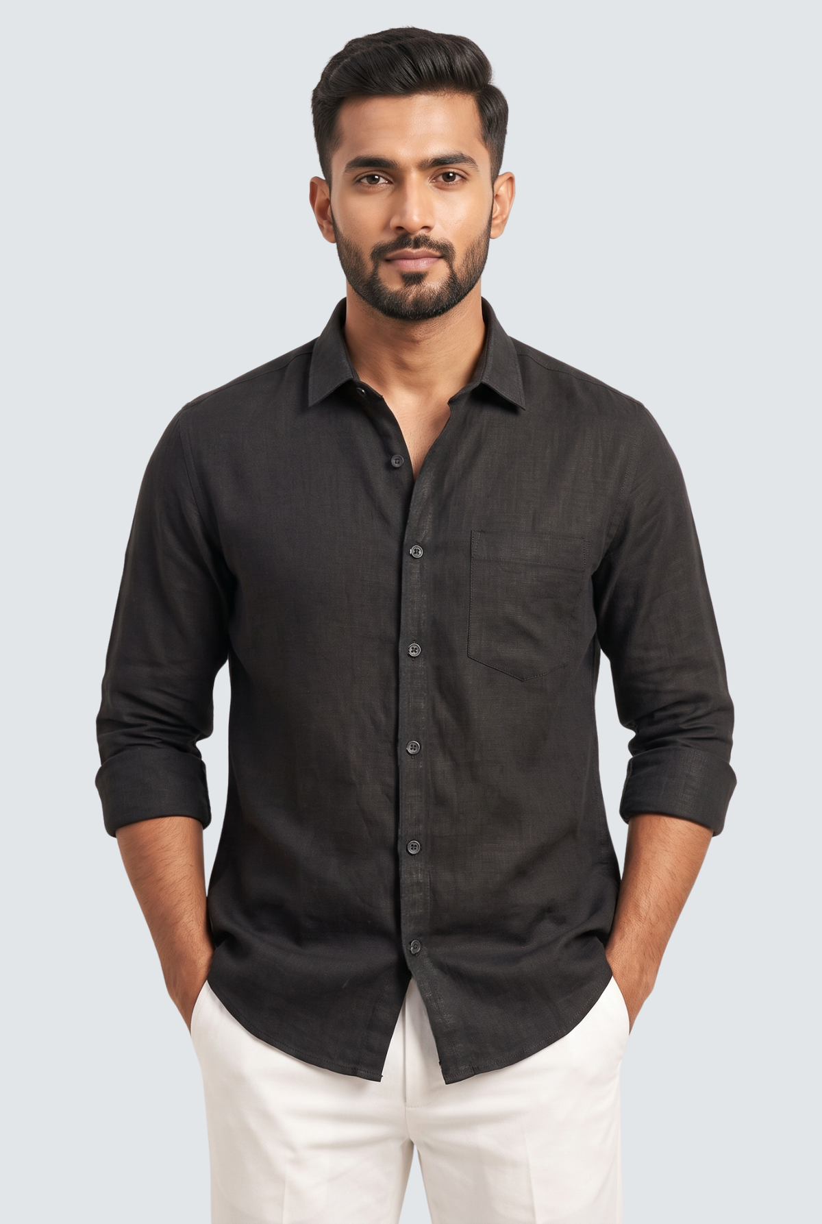 Black linen button-up shirt with collar and front pocket, long sleeves