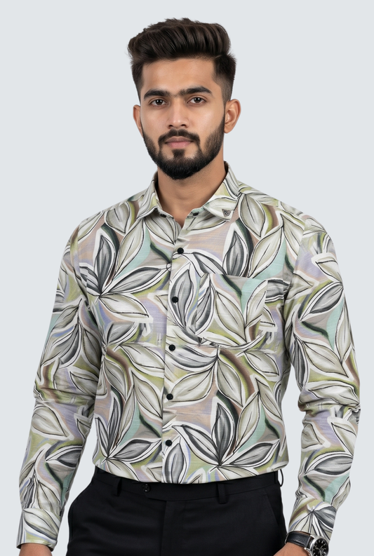 Men’s Premium Linen Printed Shirt-Green(1888)