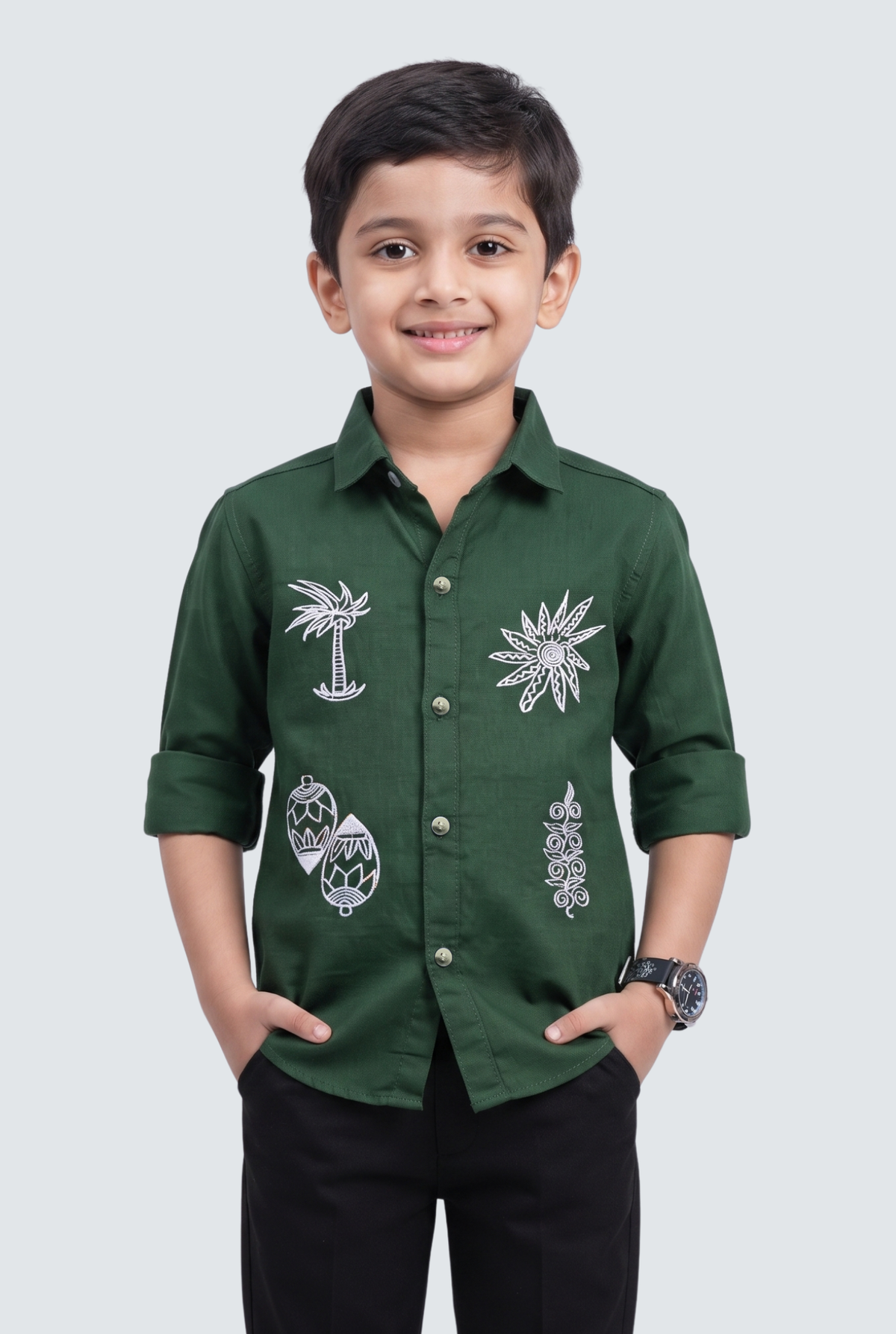 Boys green twill cotton full-sleeve shirt with white printed motifs and button front