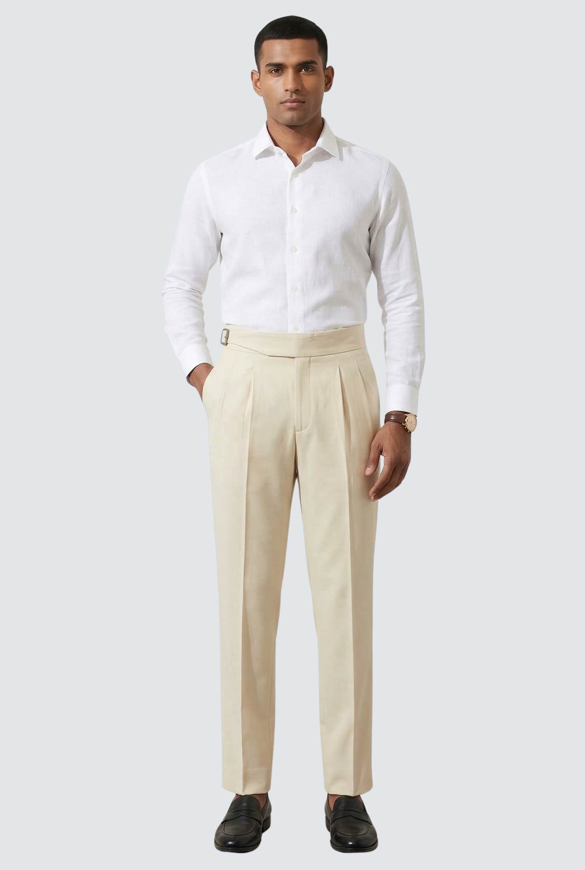 Cream casual trousers with belt, full-length straight fit