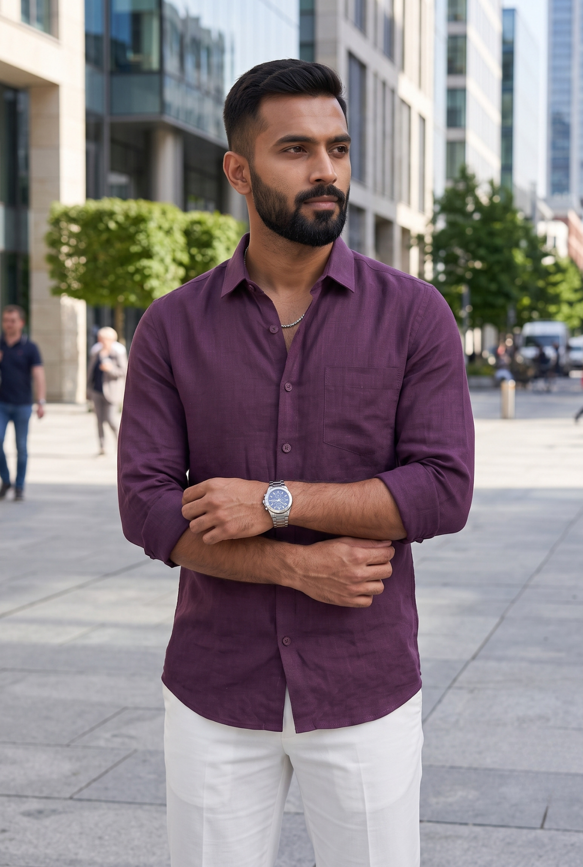 Wine-colored linen shirt, front view with collar and button placket