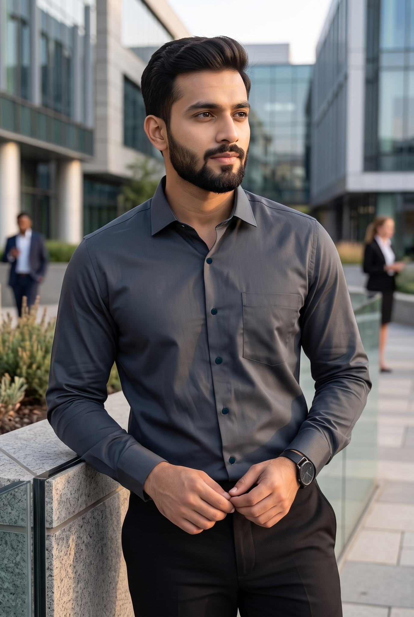 Men's dark grey button-up shirt with chest pocket and long sleeves