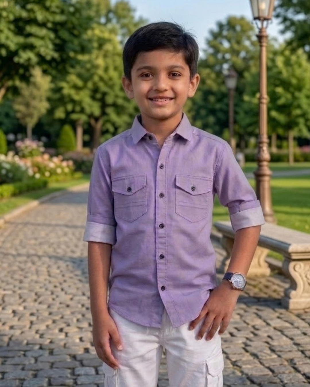 Boys lavender short-sleeve button-up shirt with two chest pockets, front view