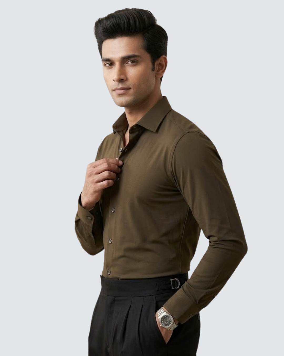 Olive-brown long-sleeve button-up Lachka shirt, side view with collar and cuffs