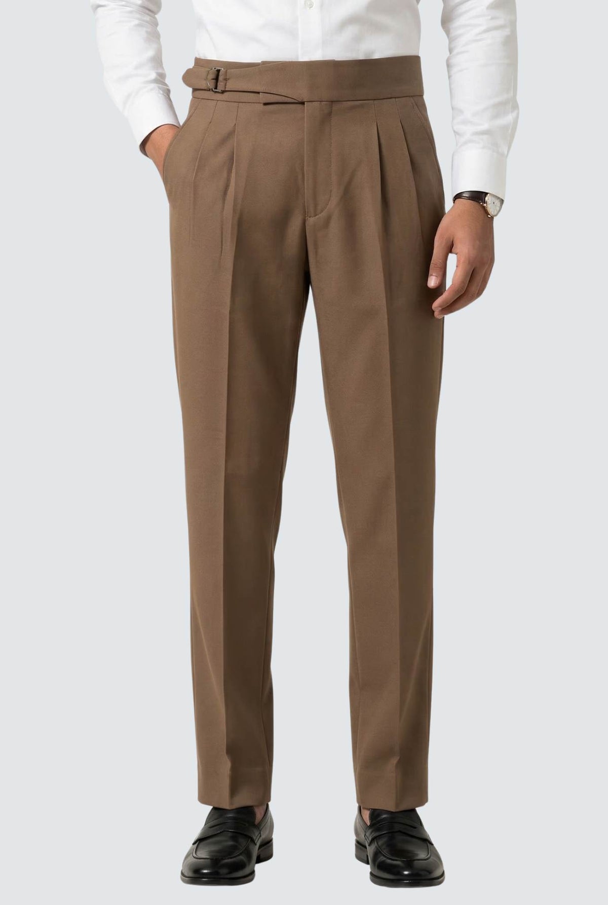 Men's brown casual trousers with belt loops and pleated front