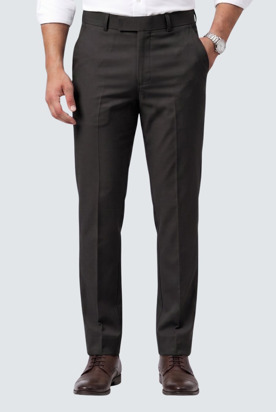 Black regular-fit dress pants with belt loops, button closure, and front crease