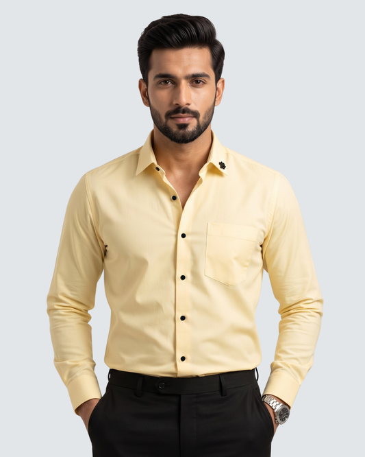 Lemon yellow cotton button-up shirt with pocket, long sleeves, and point collar