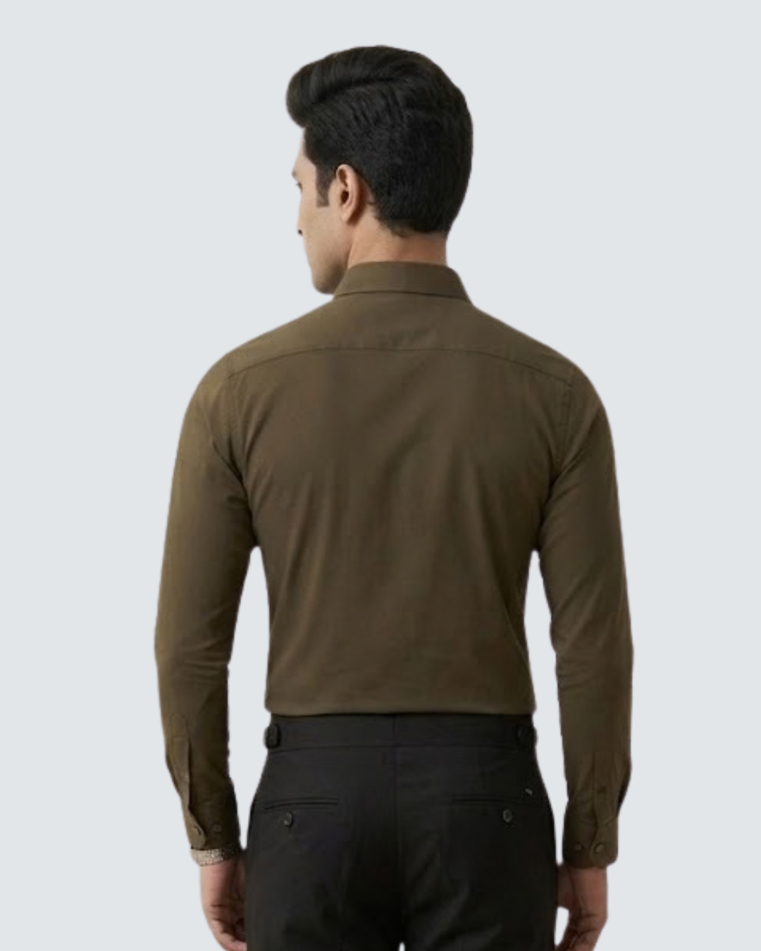 Olive-brown Lachka button-up shirt, back view with long sleeves