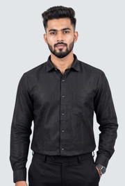 Men's black full-sleeve button-up shirt with textured fabric and chest pocket