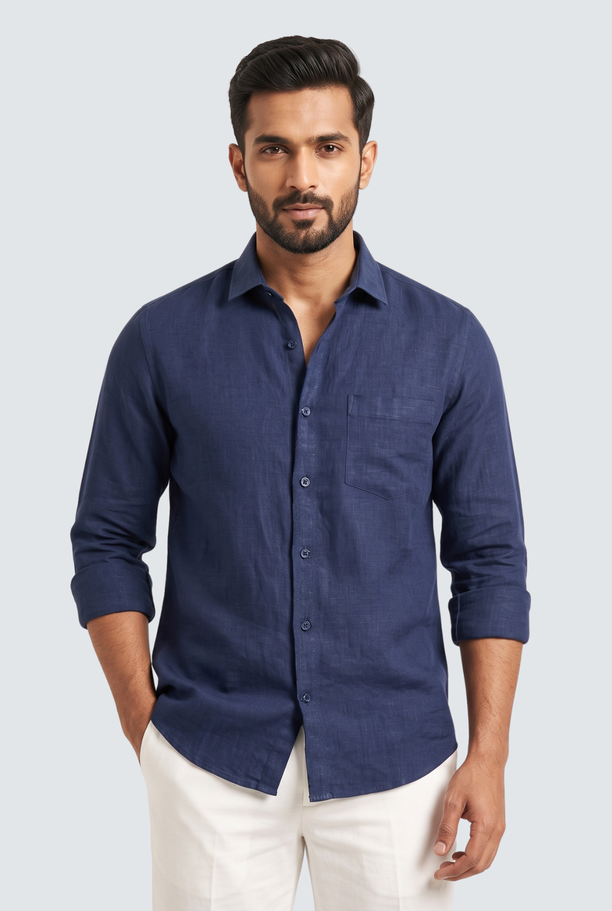 Navy linen button-up shirt, chest pocket, long sleeves
