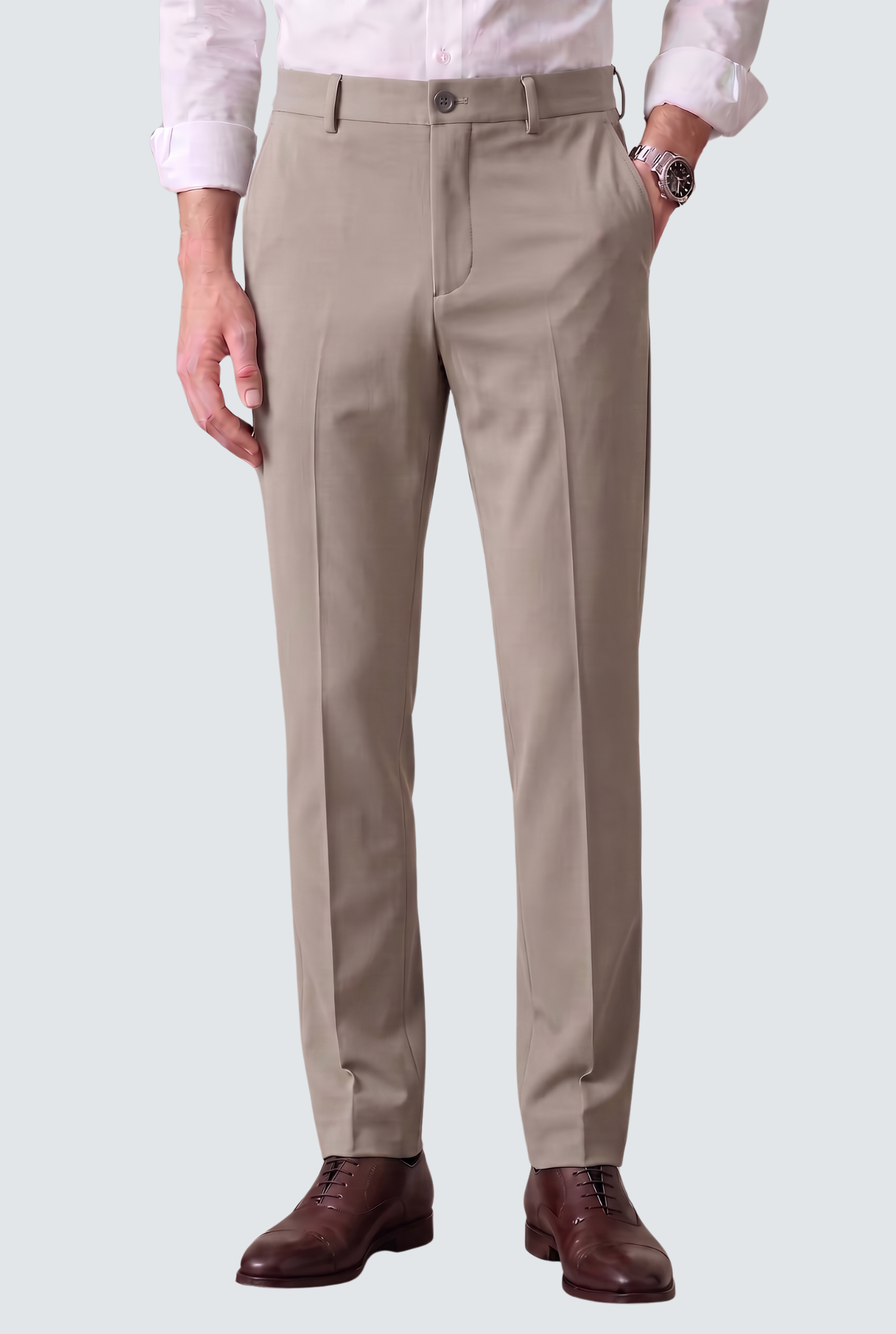 Men's light grey slim-fit trousers with button waist, belt loops, side pockets