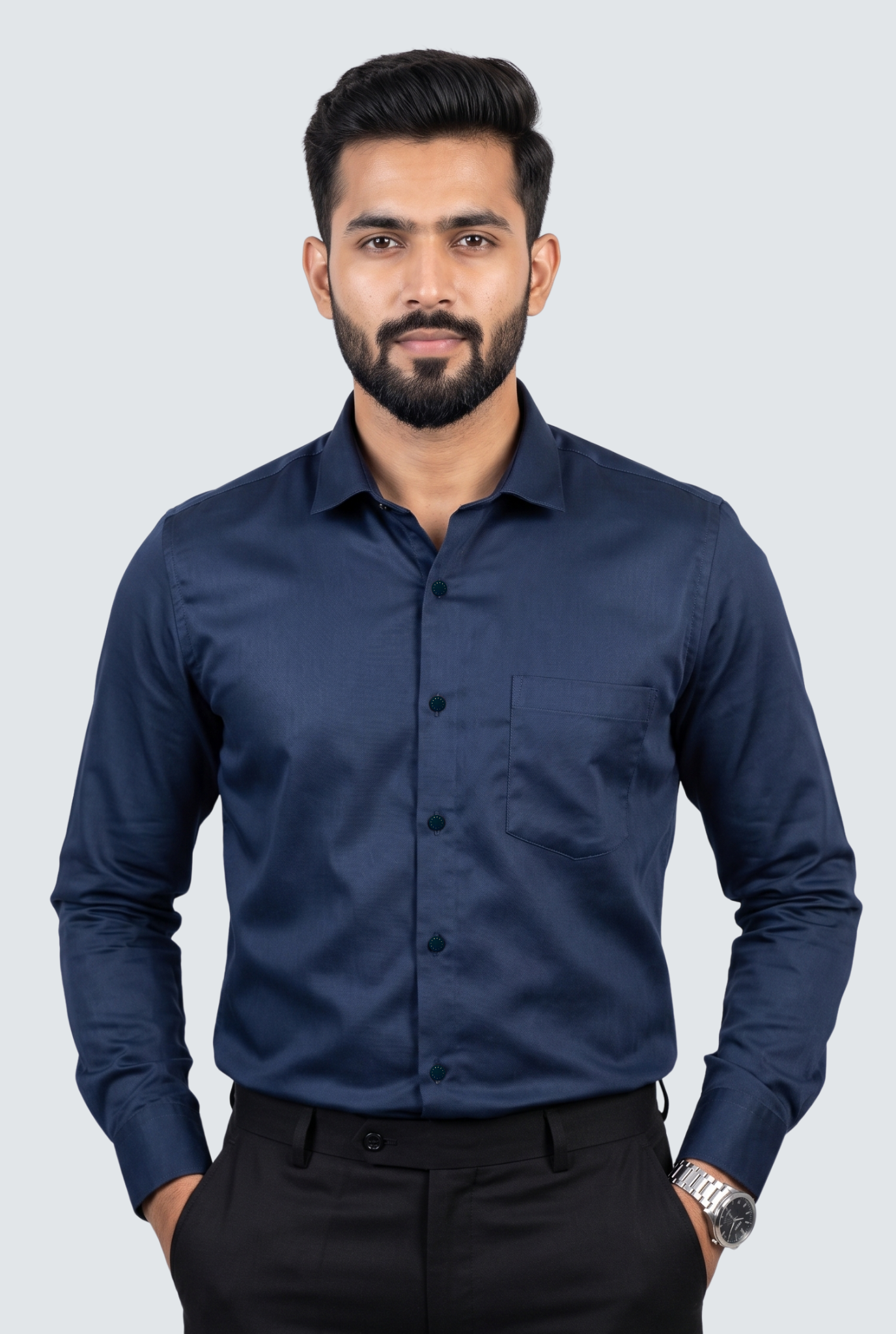 Men's Navy Premium Cotton Satin Lycra Shirt-(CR-1)