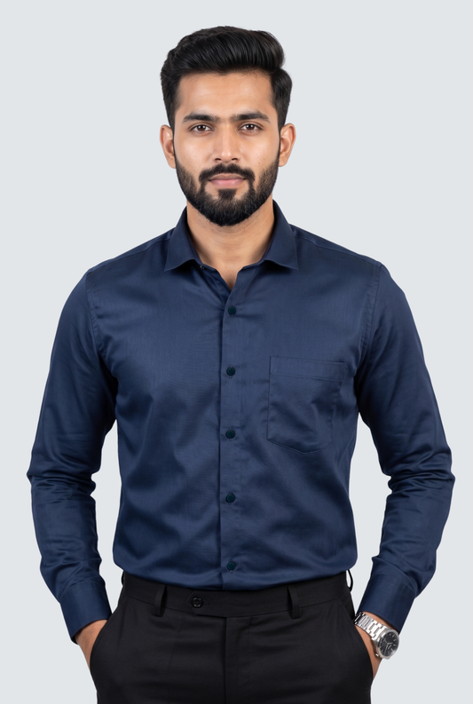 Men's navy satin lycra shirt with button-front and chest pocket