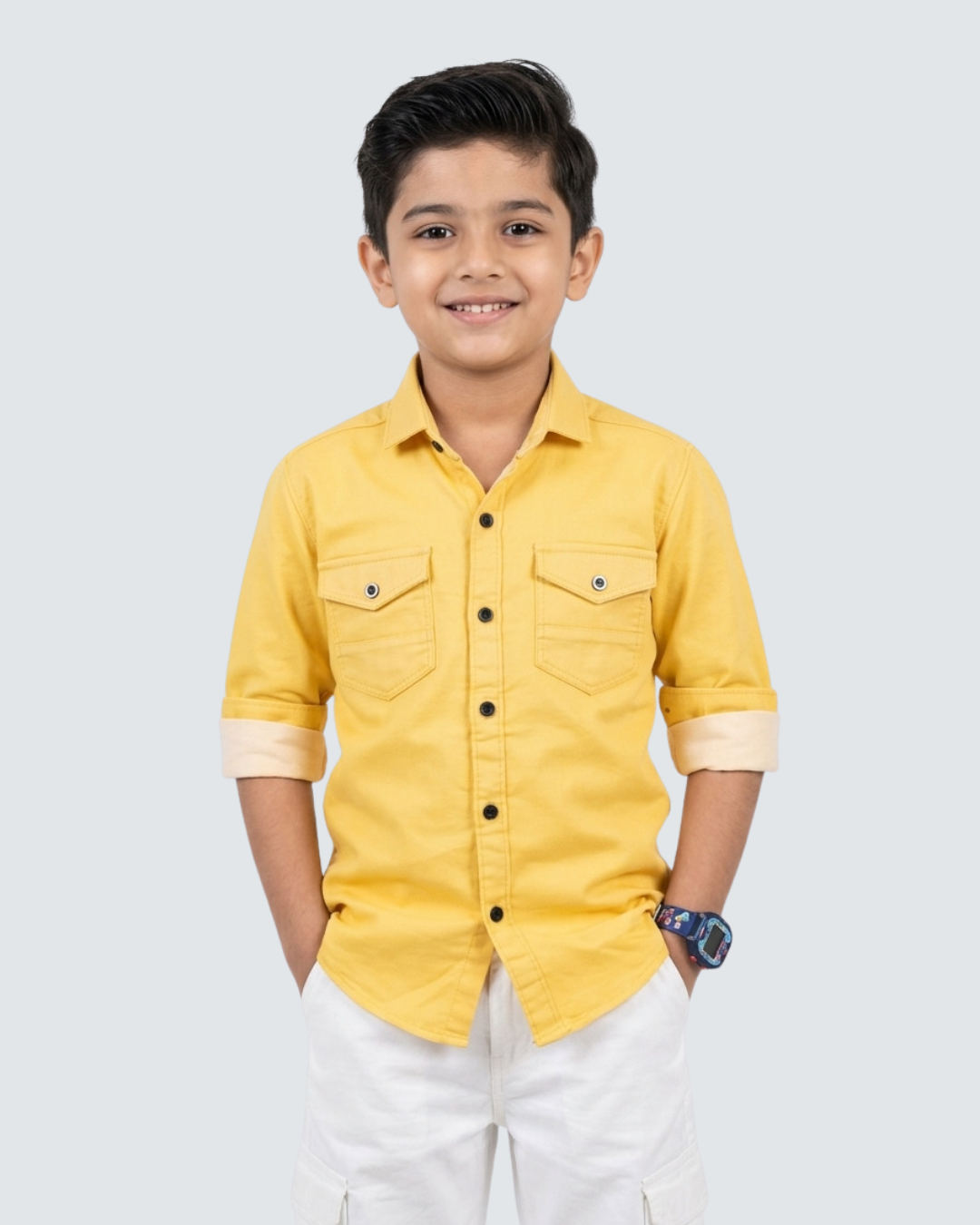 Boys yellow cotton button-up shirt with two chest pockets and rolled sleeves