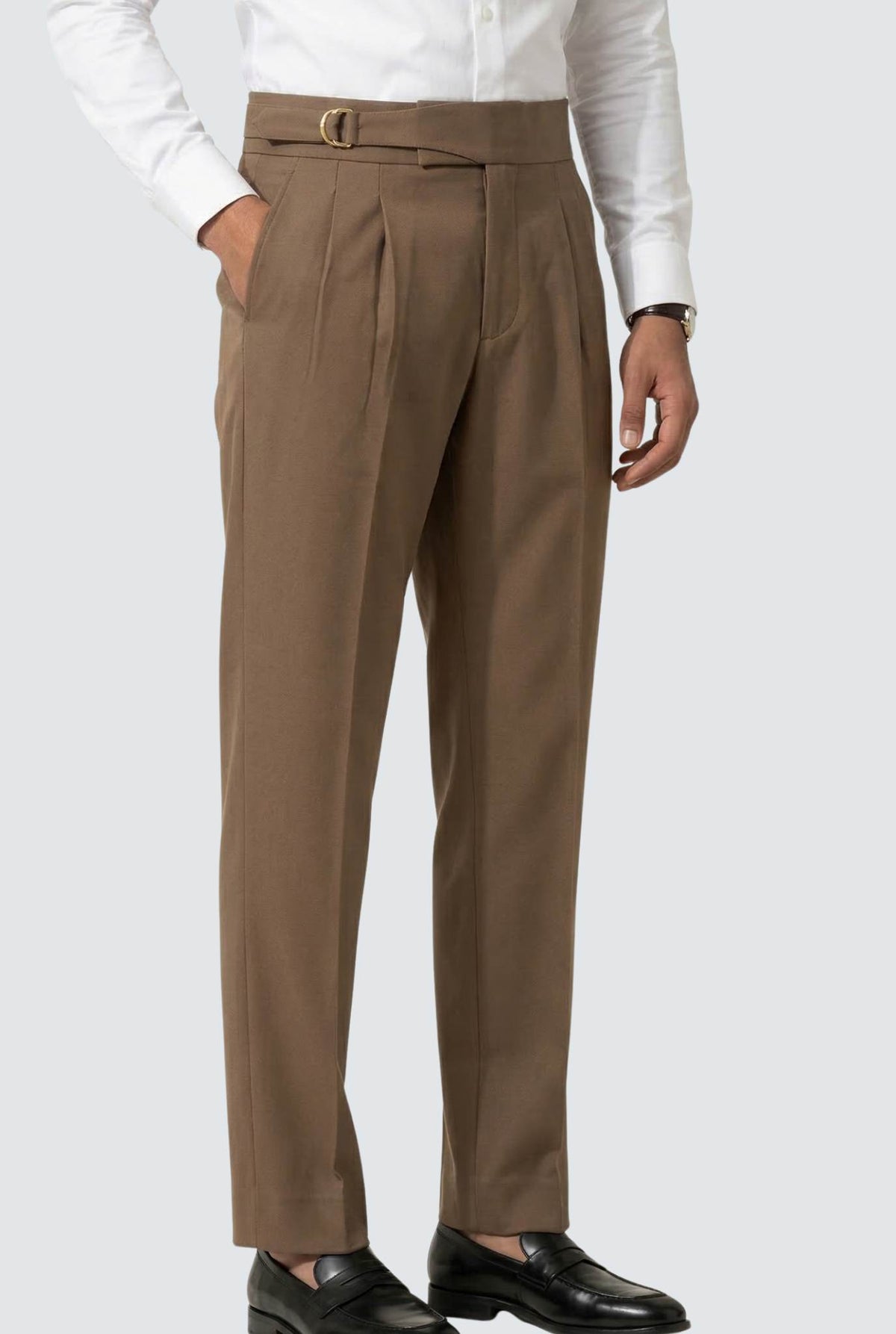 Men's brown tailored trousers with pleats and straight leg