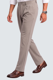 Light gray straight-leg trousers with pleats, belt loops, and side pockets