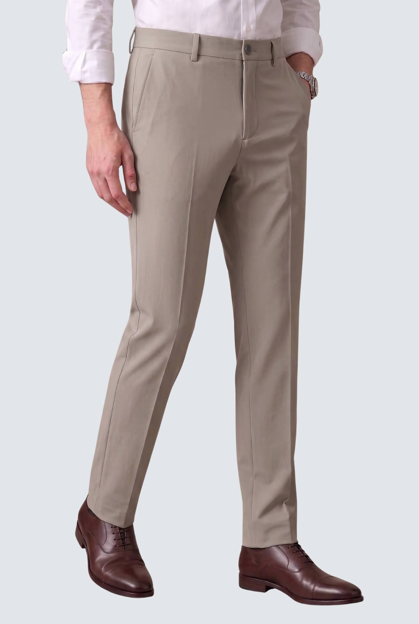Men's light grey slim-fit trousers, full-leg view with crease and front button closure