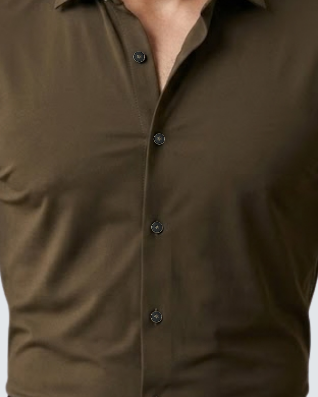 Olive-brown Lachka button-up shirt front detail with four dark buttons