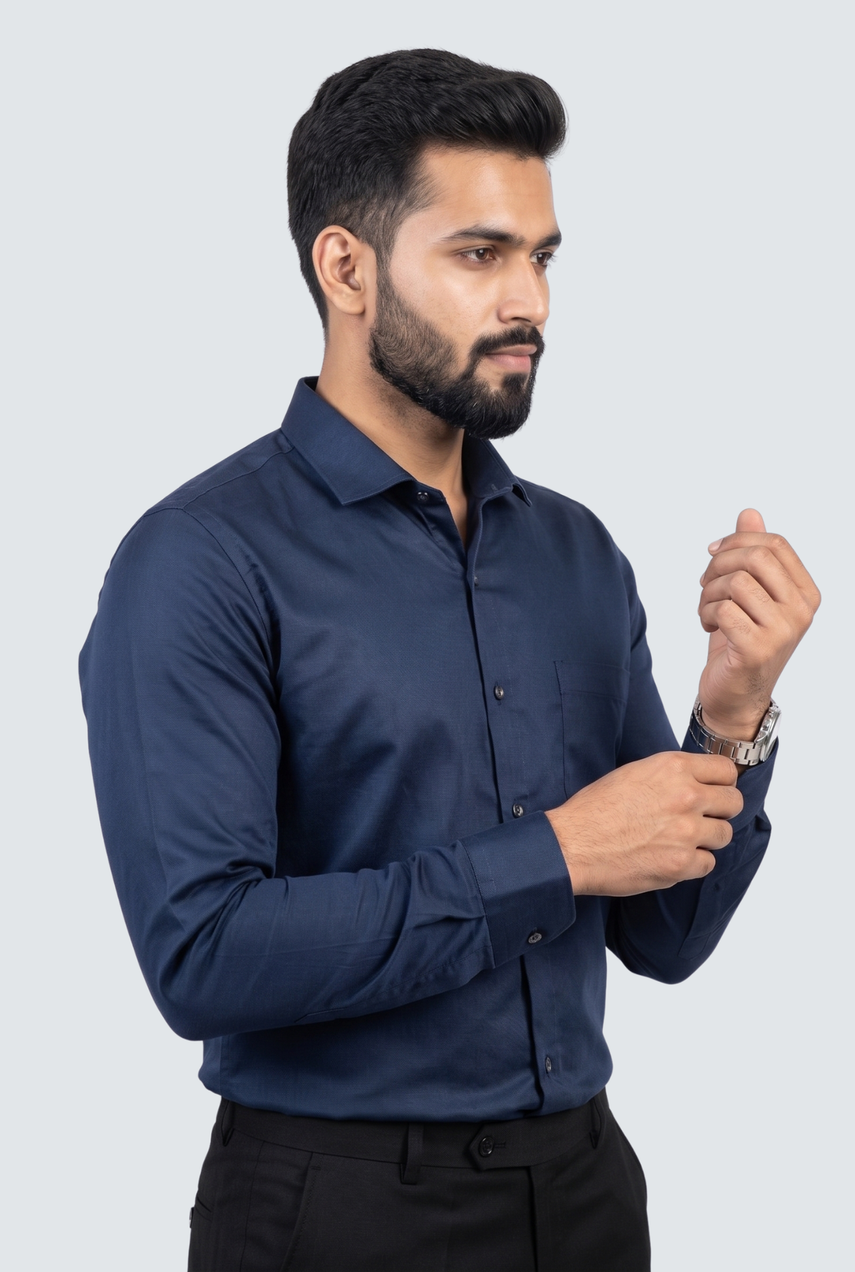 Men's navy satin lycra shirt side view with long sleeves and button cuffs