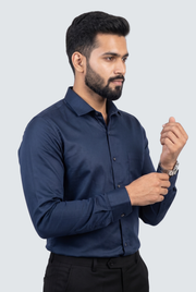 Men's navy satin lycra shirt side view with long sleeves and button cuffs