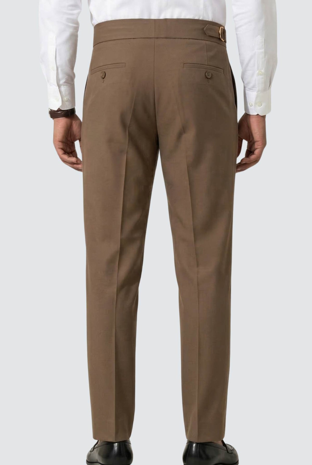 Men's brown trousers with back welt pockets and belt loops