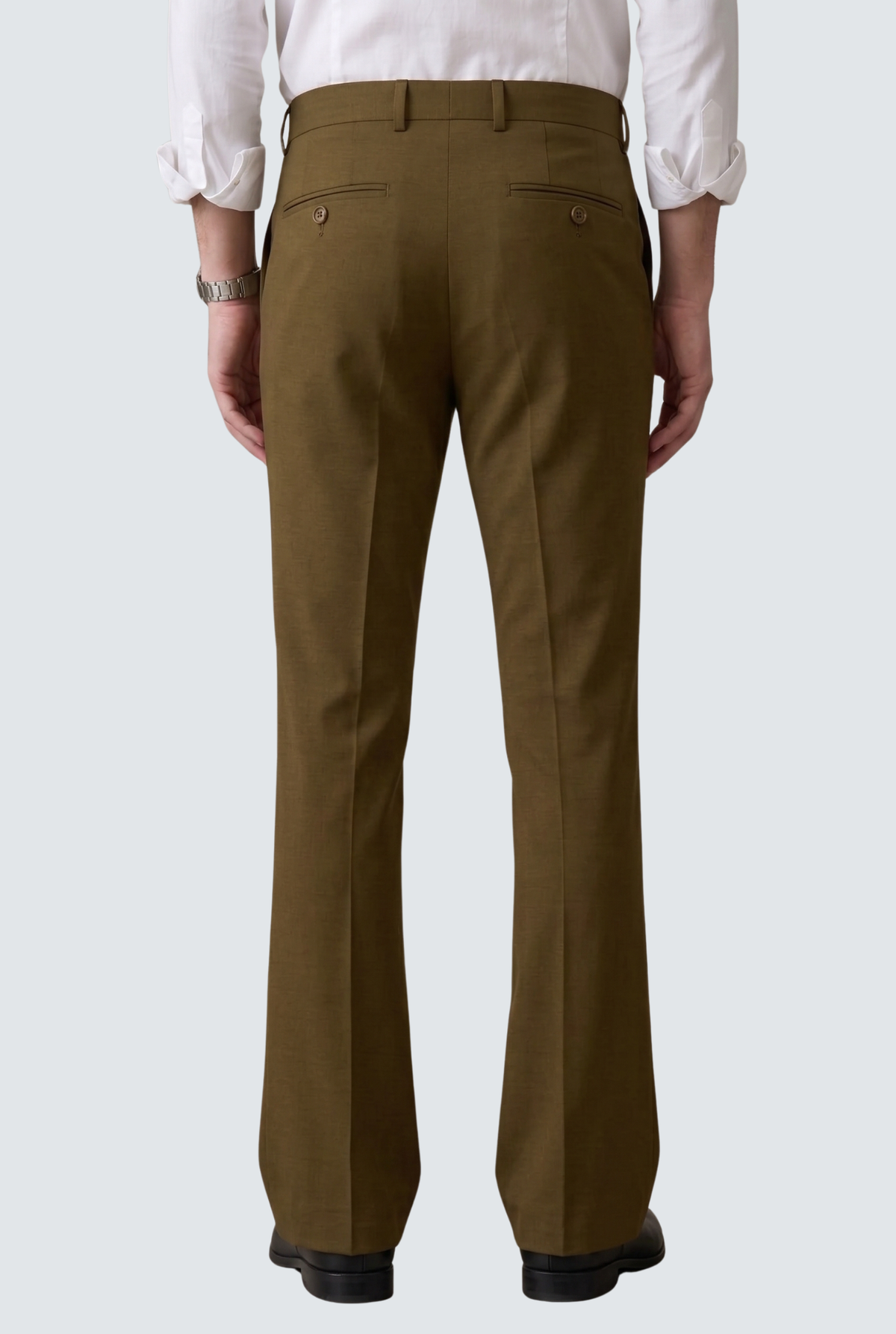 Men's brown bootcut trousers back view with belt loops and back pockets
