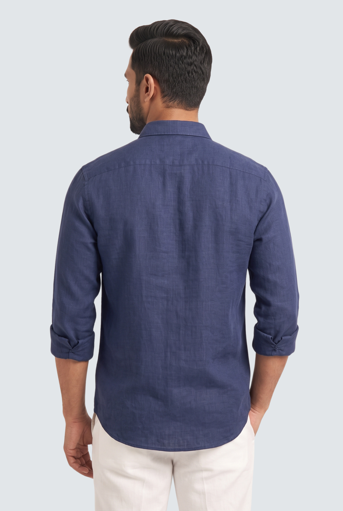 Navy linen button-up shirt, back view with yoke and long sleeves