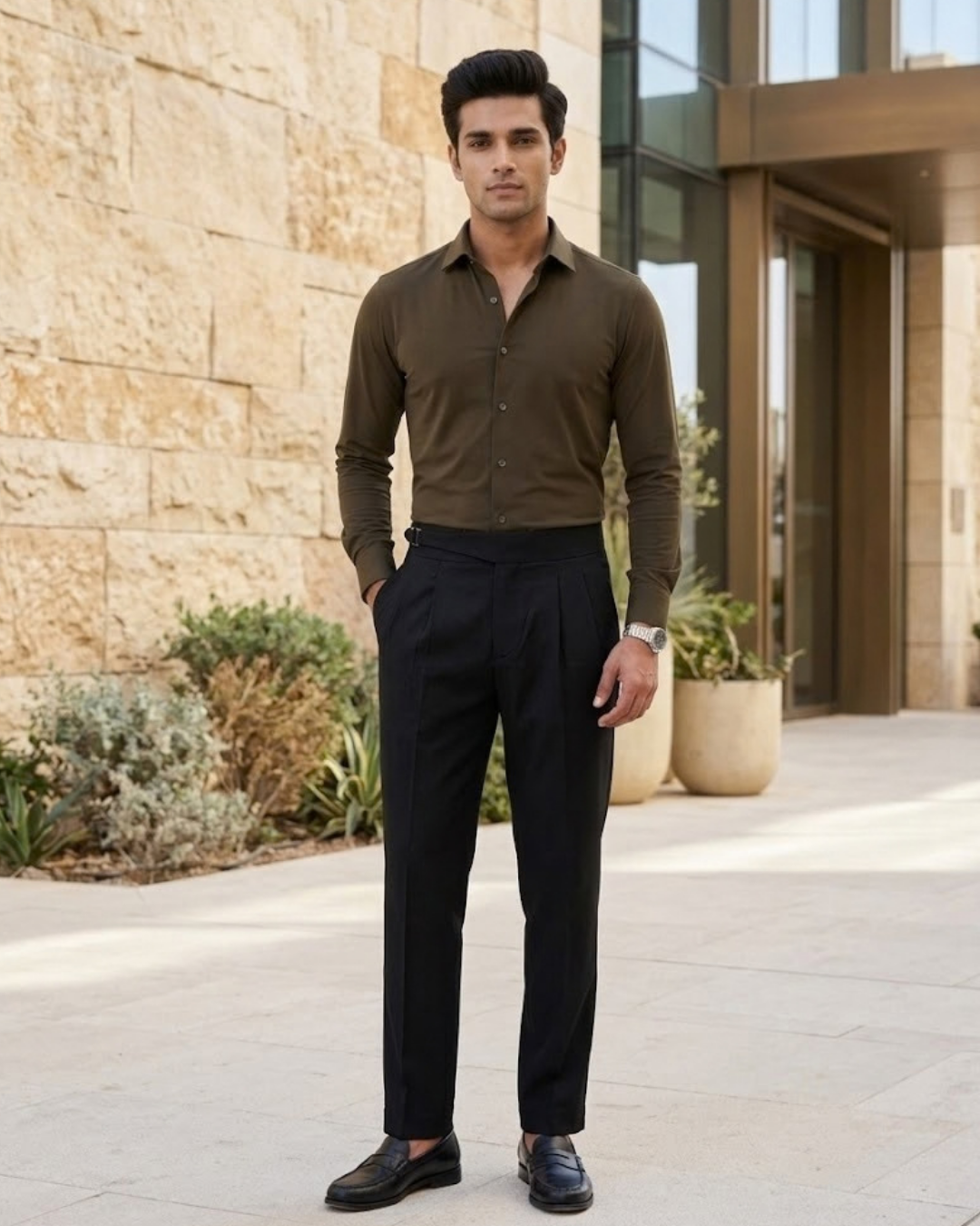 Olive-brown Lachka long-sleeve button-up shirt with dark trousers, full-body view