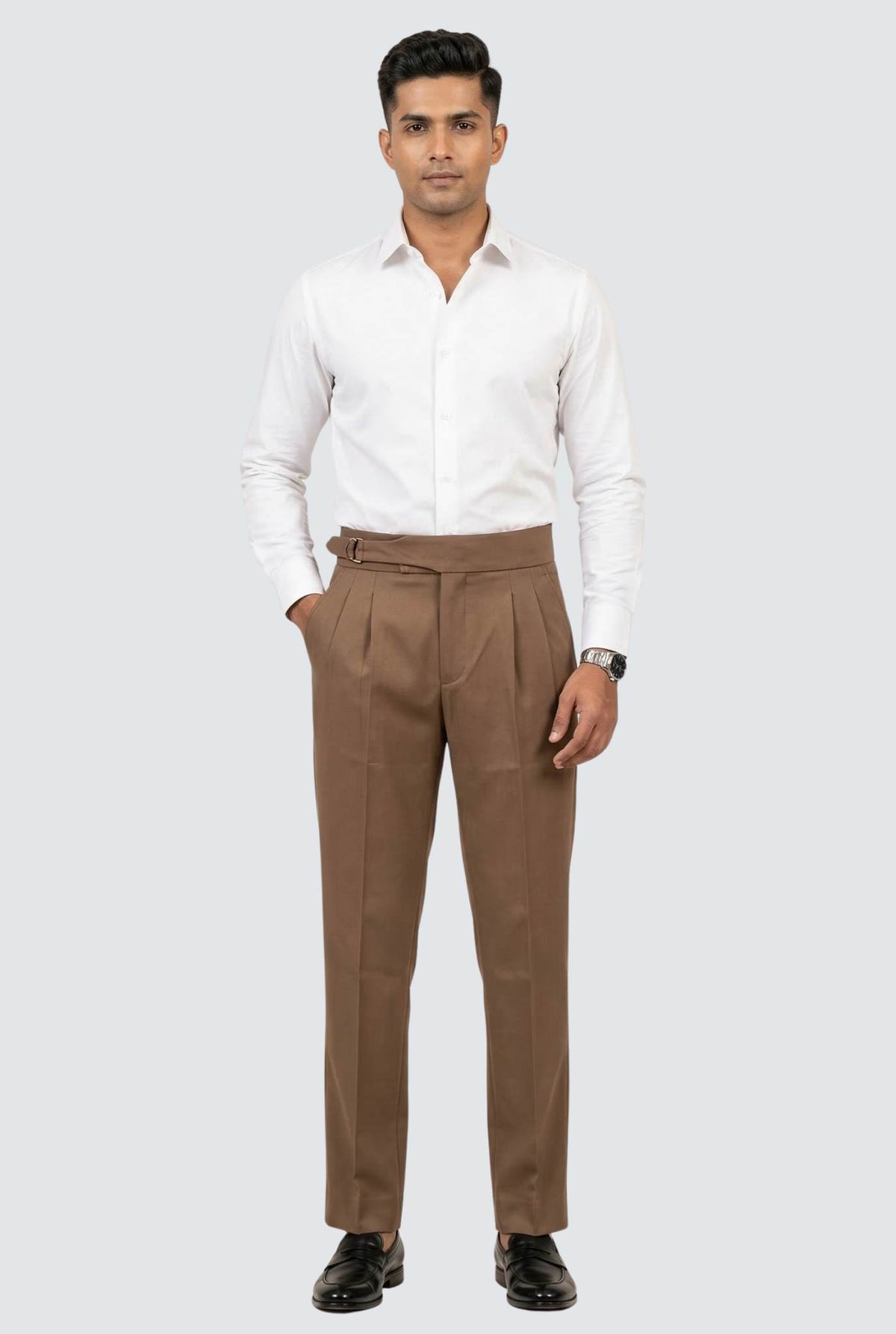 Men's brown casual trousers with straight leg and button closure