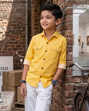 Boys yellow cotton button-up shirt with two chest pockets and 3/4 sleeves