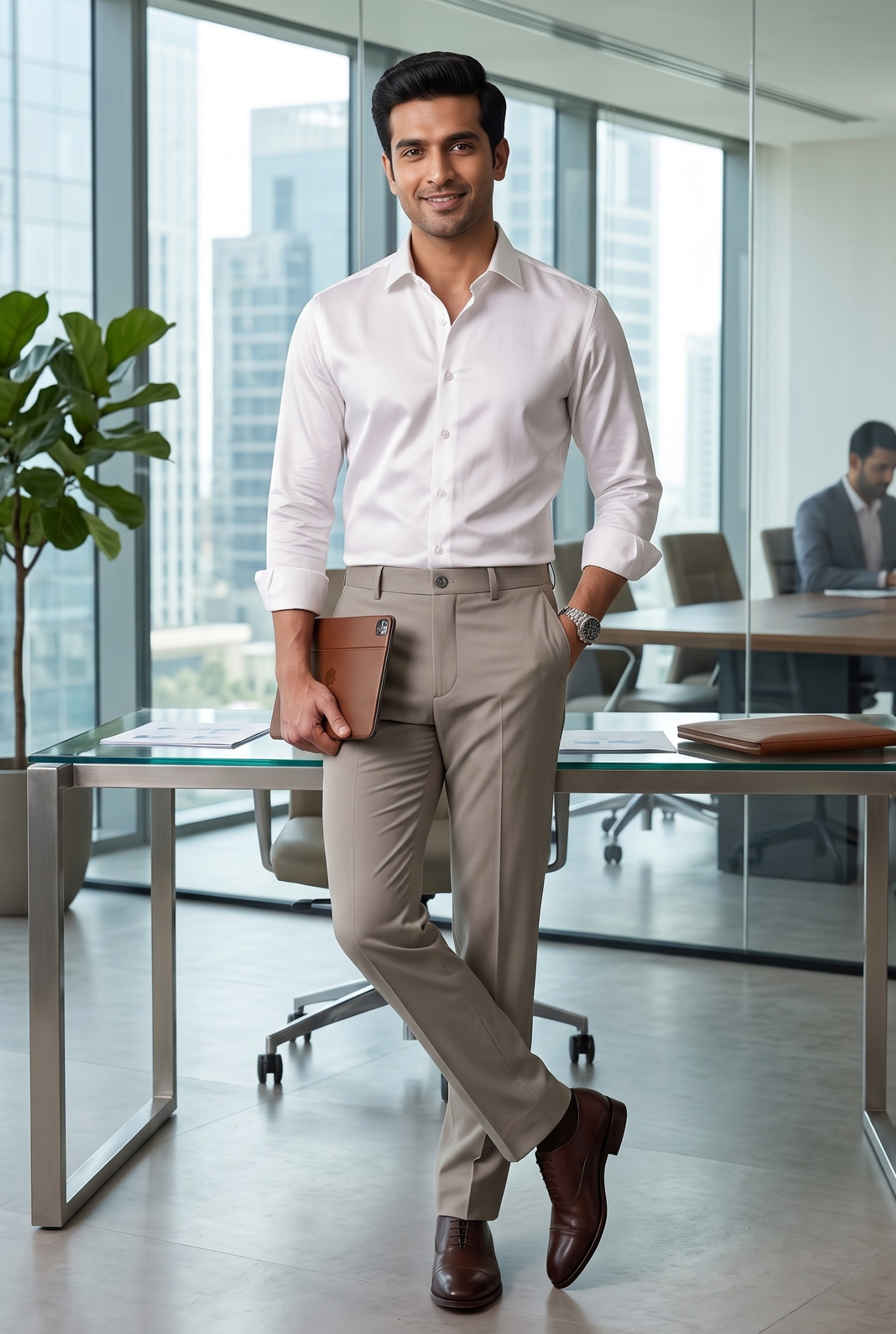 Men's light grey slim-fit trousers with tapered legs, stitched hem, and belt loops