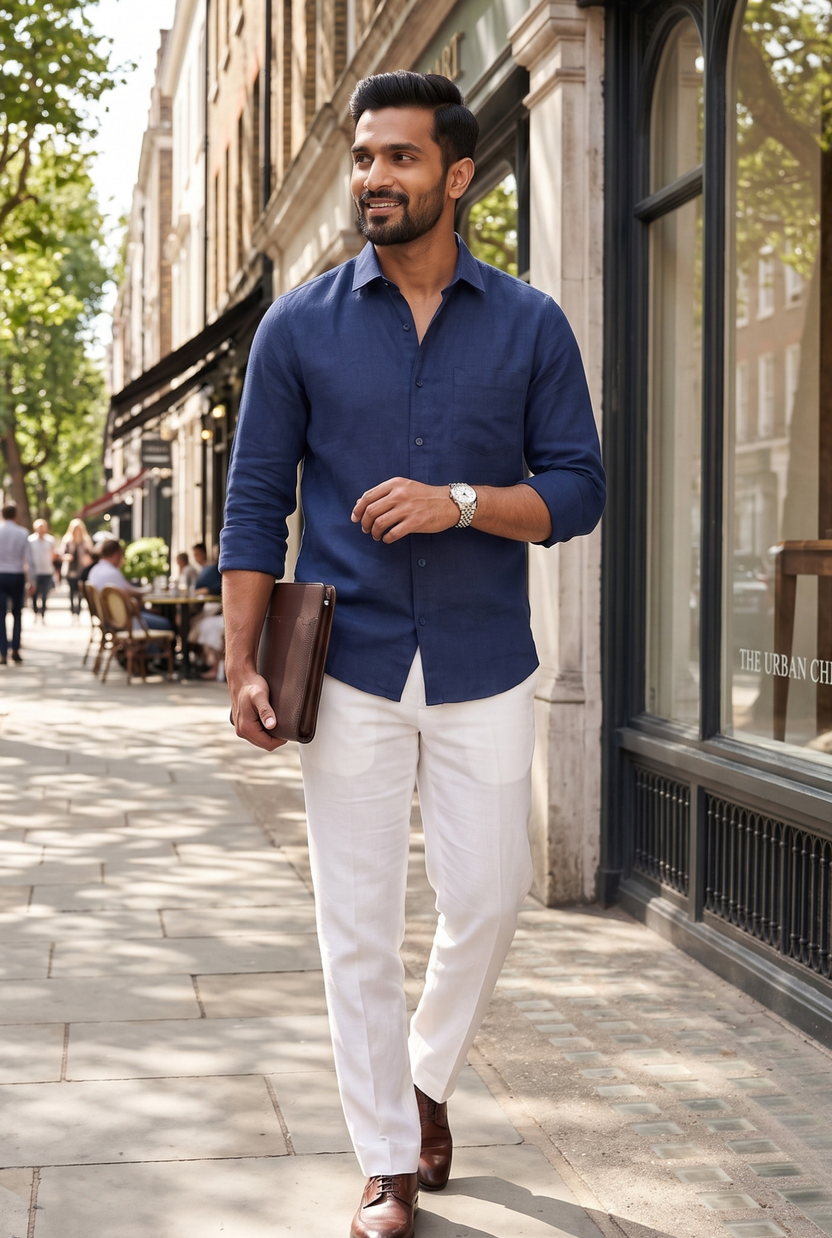 Navy linen button-up shirt with chest pocket, worn with white pants
