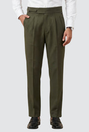 Bottle green men’s casual trousers with pleats, belt, and straight leg fit