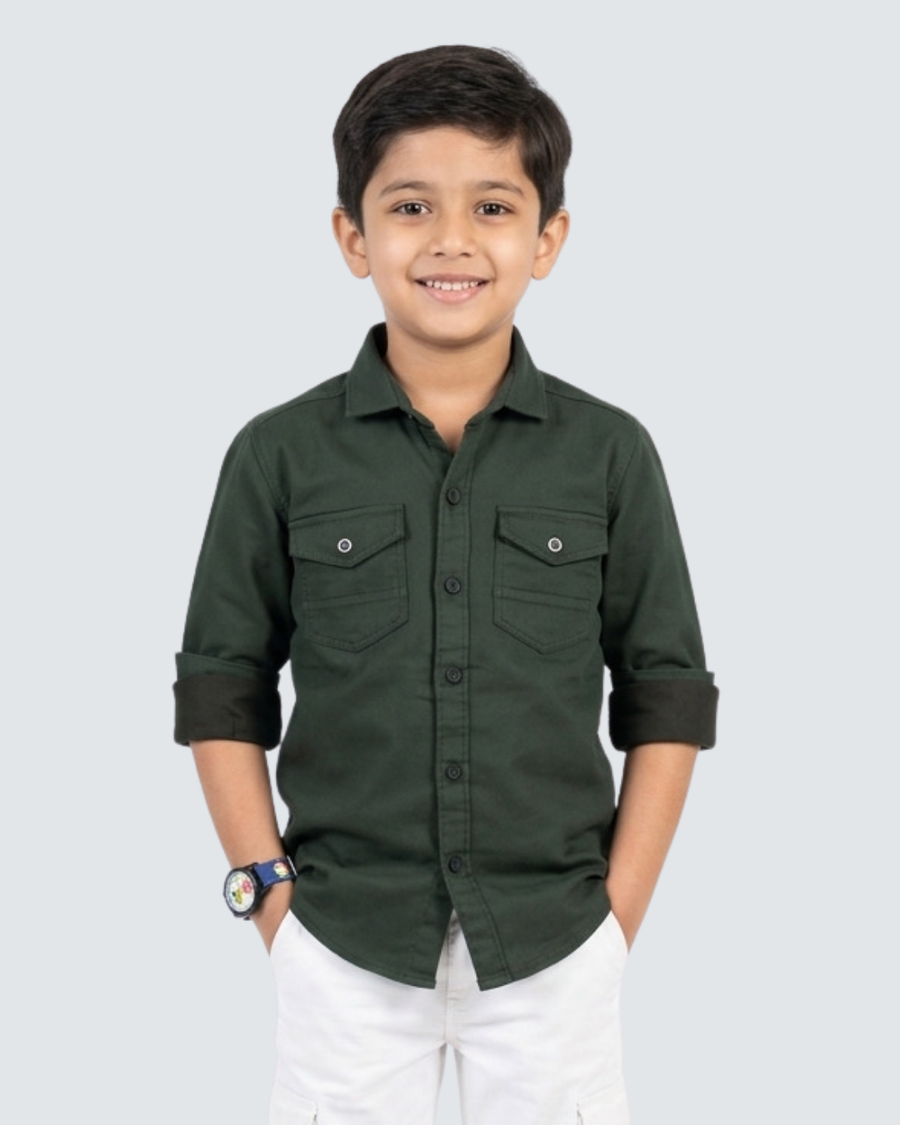 Boys green cotton button-up shirt with collar and twin chest pockets