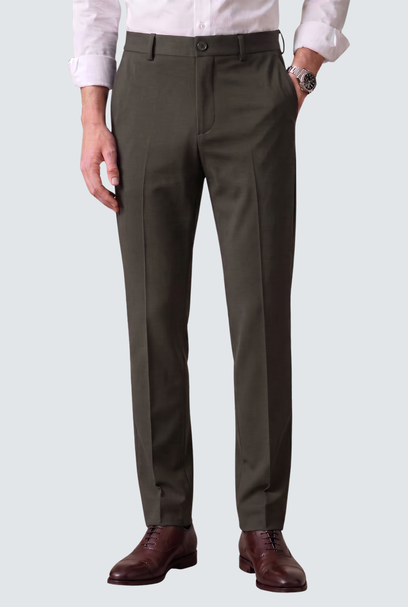 Men's dark grey slim-fit regular trousers with belt loops and button front