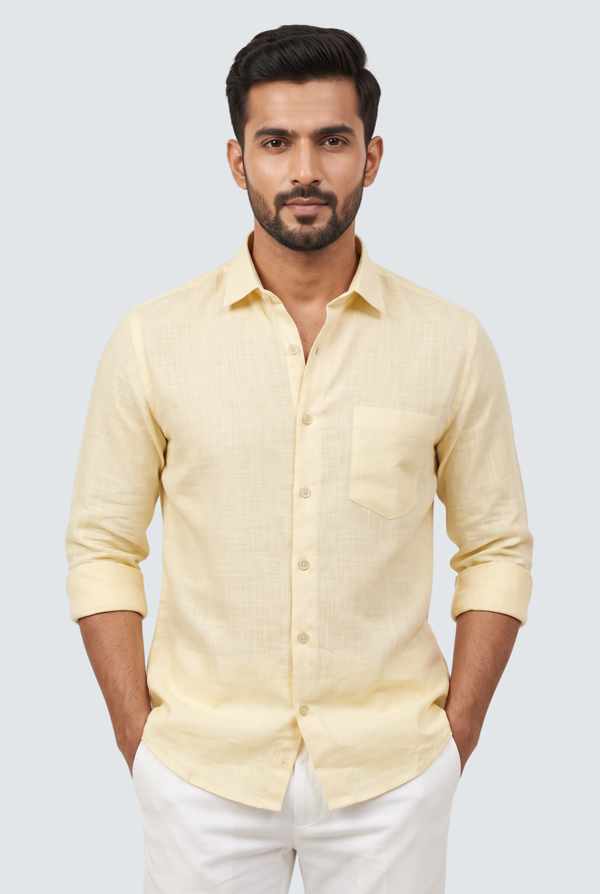 Lemon yellow linen button-up shirt with chest pocket and buttoned collar