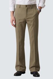 Men's olive bootcut trousers with belt loops, side pockets, and button front