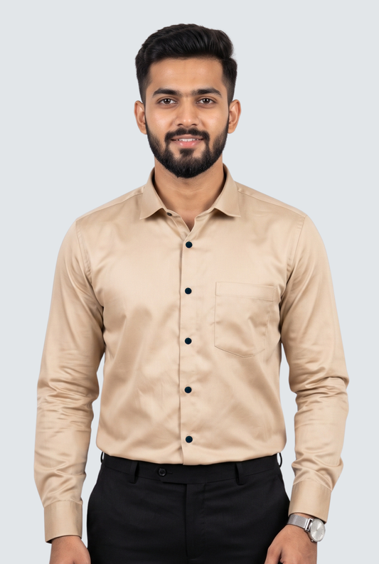 Men's cream cotton satin lycra shirt, button front, chest pocket