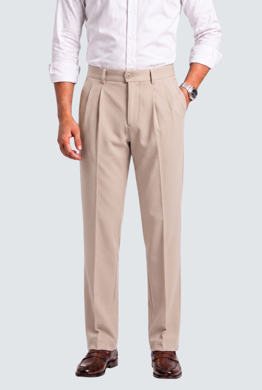 Men's fawn straight-fit gurkha trousers with button waist and pleated front