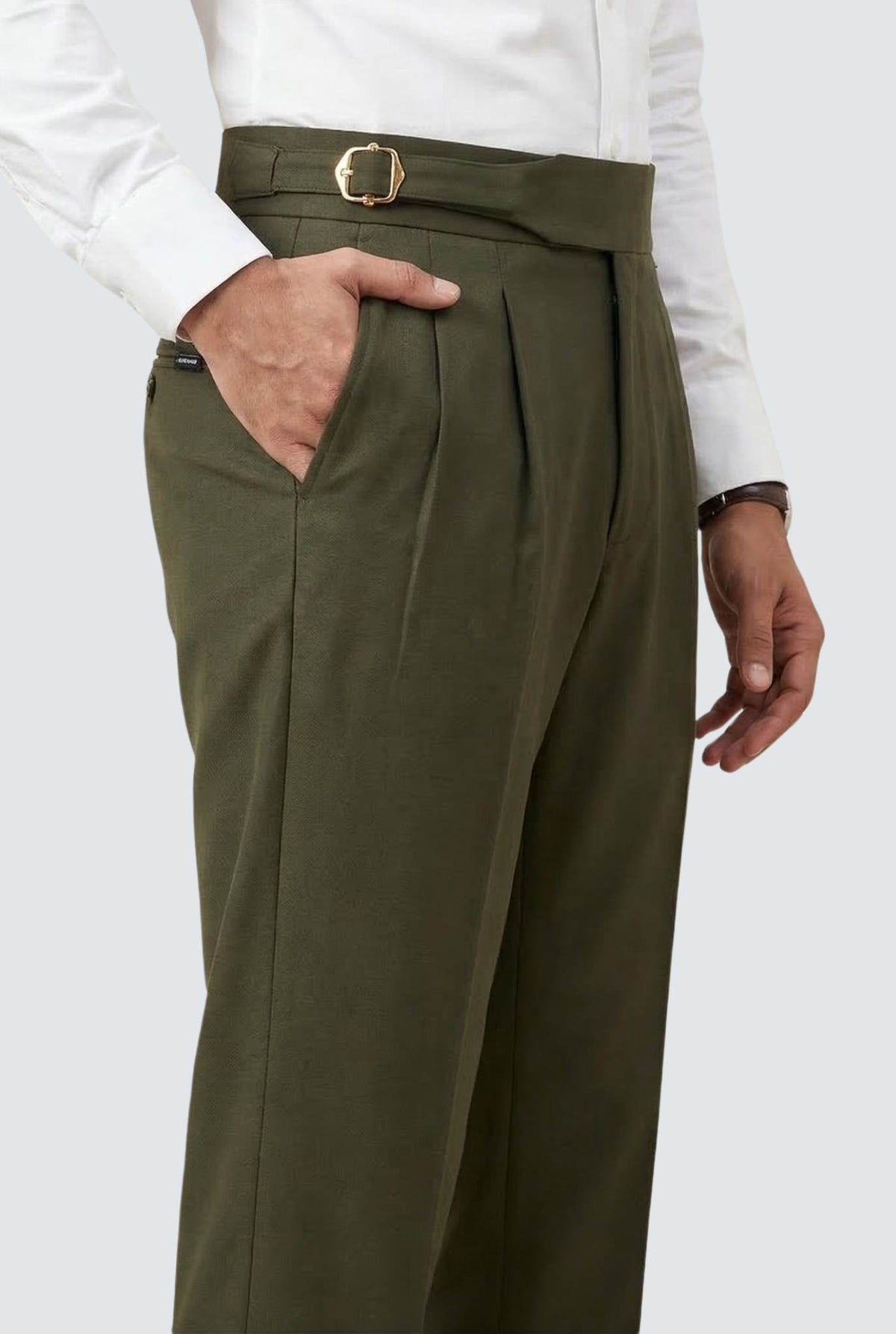 Bottle green men’s casual trousers with belt, pleated front and side pockets