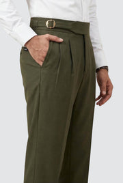 Bottle green men’s casual trousers with belt, pleated front and side pockets