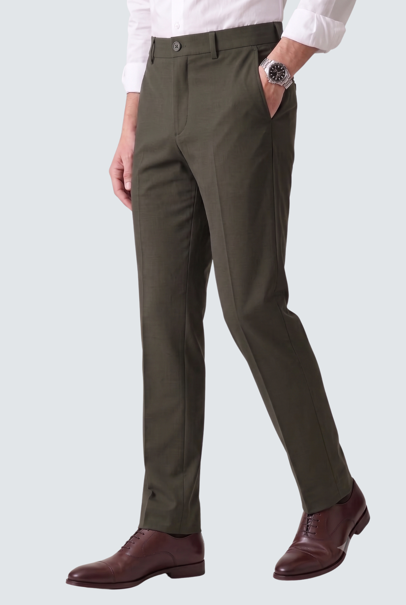 Men's dark grey slim-fit regular trousers, side view with tapered leg