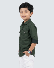 Boys green cotton button-up shirt with collar and chest pocket, side view