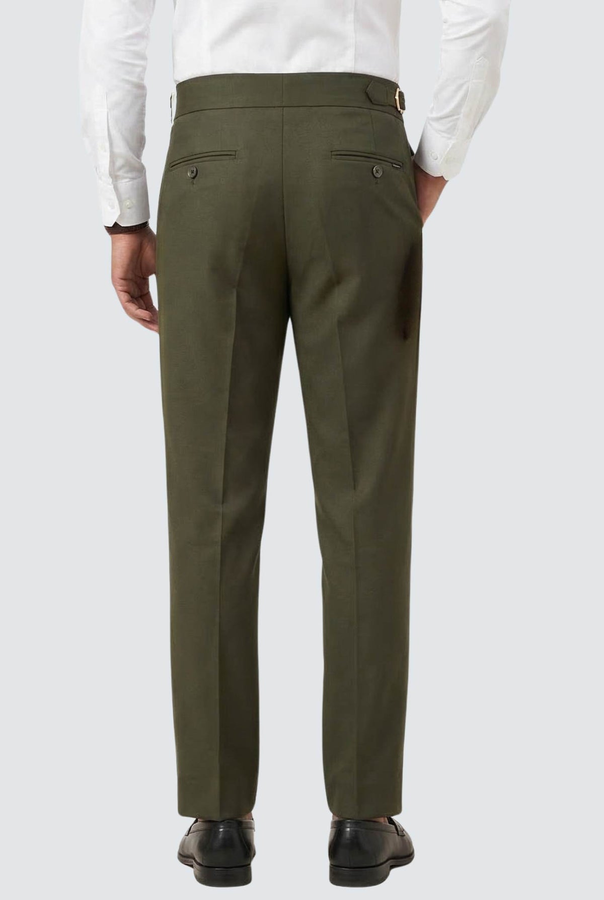 Bottle green men’s casual trousers back view with crease and belt loops