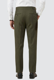 Bottle green men’s casual trousers back view with crease and belt loops