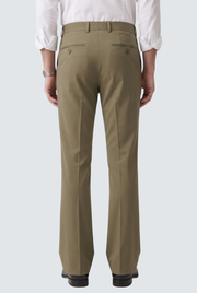 Men's olive bootcut trousers, rear view with belt loops and back pockets